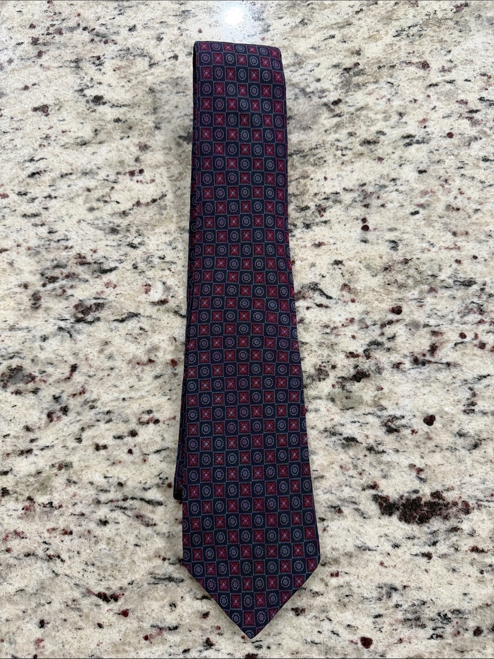 Dior Navy Tie with Red Geometric Medallions